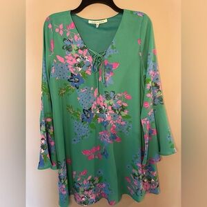 Collective Concepts Floral Midi Teal Dress with Bell sleeves size medium
